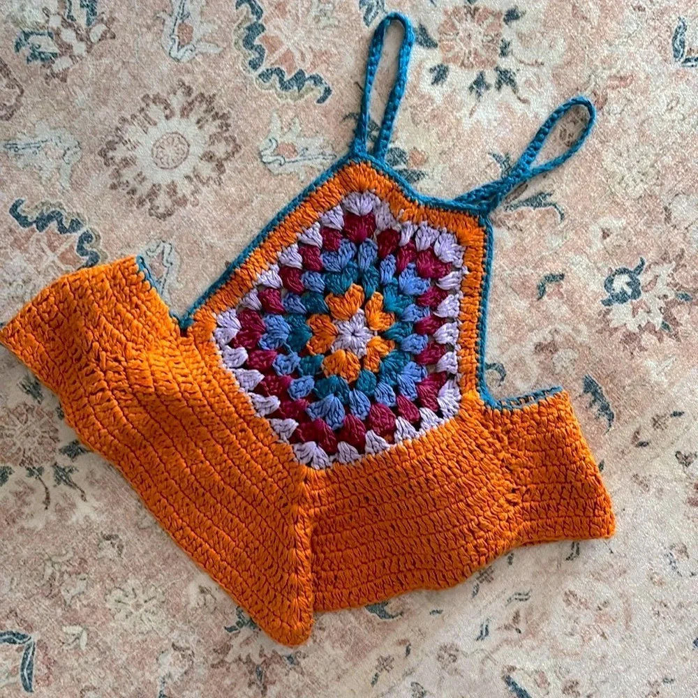 NEW FREE PEOPLE - Multicolored Crochet Crop Top with Diamond Cut in Size Small
